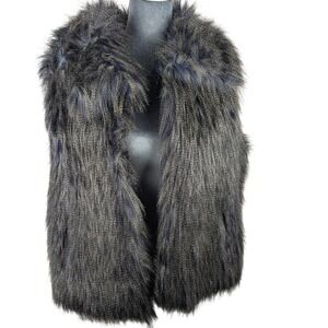 Dena Gray Navy Blue Fenzi Fur Vest Womens Medium Open Front Shaggy by Faux Fenzi